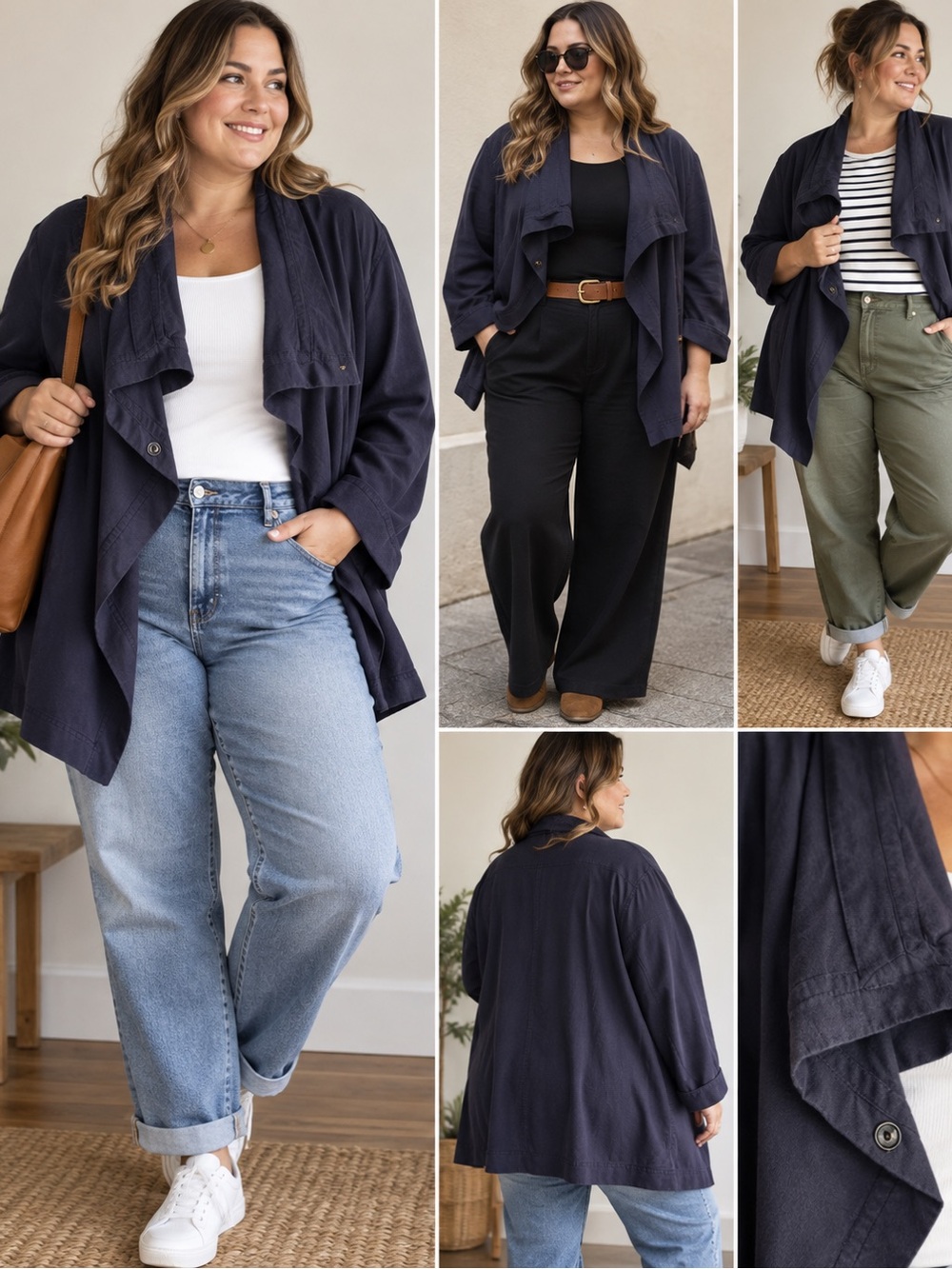 Lands’ End Navy Draped Waterfall Cardigan Jacket 100% Cotton L 14-16
